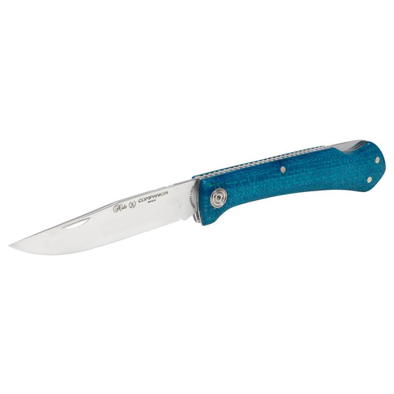 Navaja Campanion de bloqueo, acero vanadio, dureza 1.4416, mango de Mikarta yute azul
