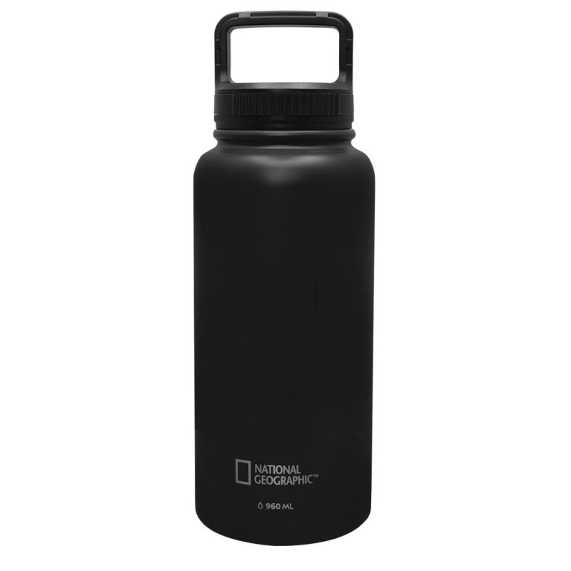 Cilindro térmico Nat Geo, NATURAL ADVENTURE, de acero inoxidable con agarradera de 960 ml, negro