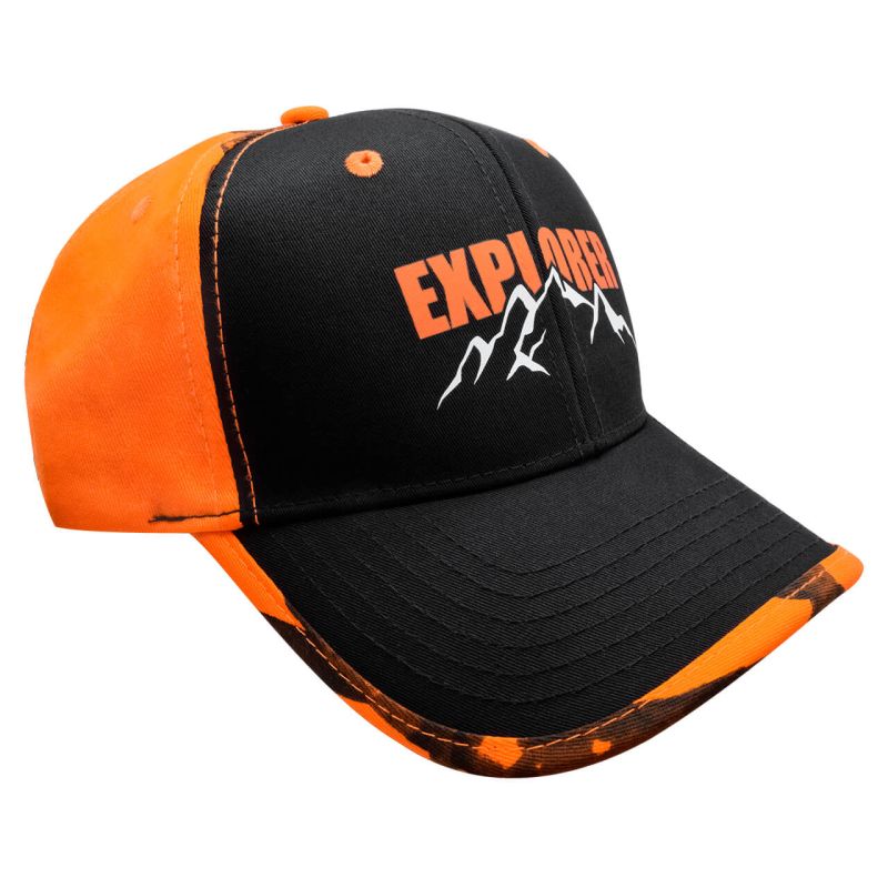 Gorra con ajustador de velcro, EXPLORER, naranja camuflaje con negro