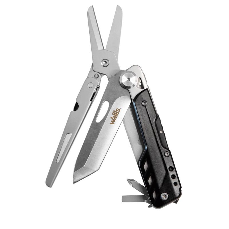 Multiherramienta con tijera de 5 usos, mango acero y aluminio con funda