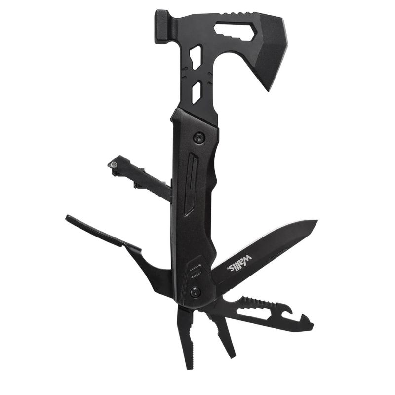 Multiherramienta con mini hacha de 13 usos, mango aluminio negro, con funda