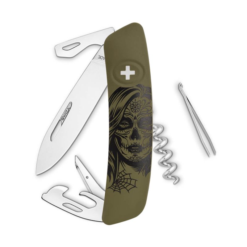 Navaja EDICION ESPECIAL Standard D03 GIRLS SKULL, 11 funciones, olivo