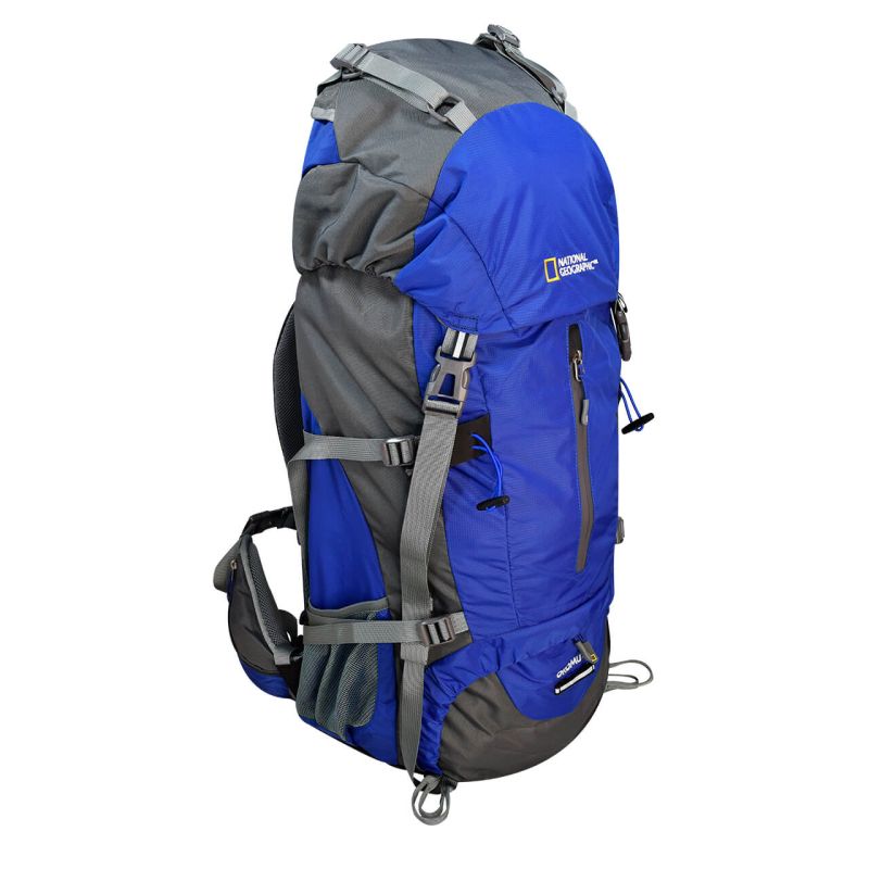 Mochila para montaña OKOMU 60 L, con funda impermeable, azul con gris