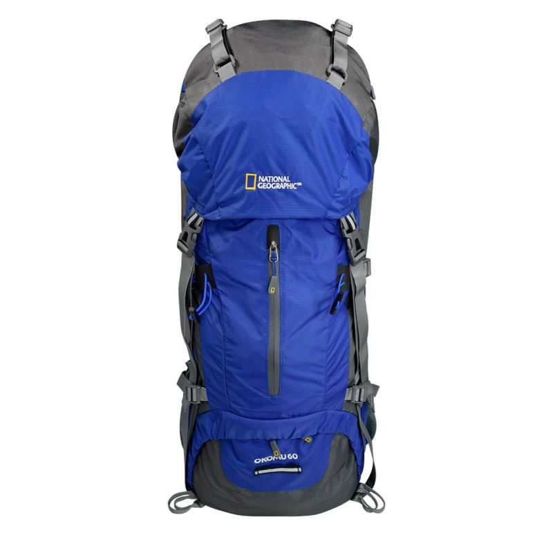 Mochila para montaña OKOMU 60 L, con funda impermeable, azul con gris