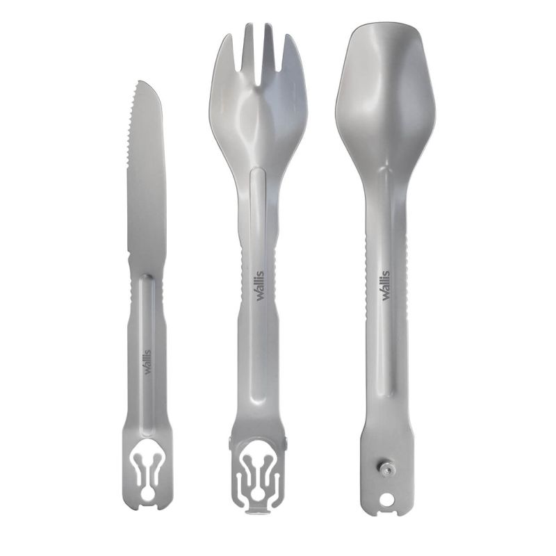 Cubierto para campismo de acero inoxidable, 3 piezas con funda