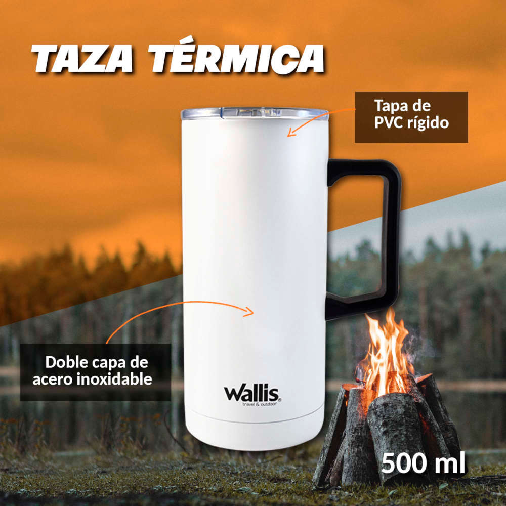 Taza térmica con protector deslizante, 500 ml, blanco con detalles negros -  Productos